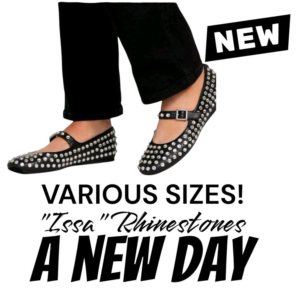 A New Day Issa NWT Rhinestone Black Mary Jane Ballet Flats Grunge Goth Biker